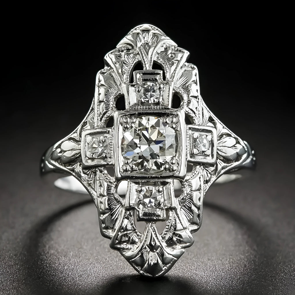 Silver geometric hollow-out ring with diamond studs on copper base