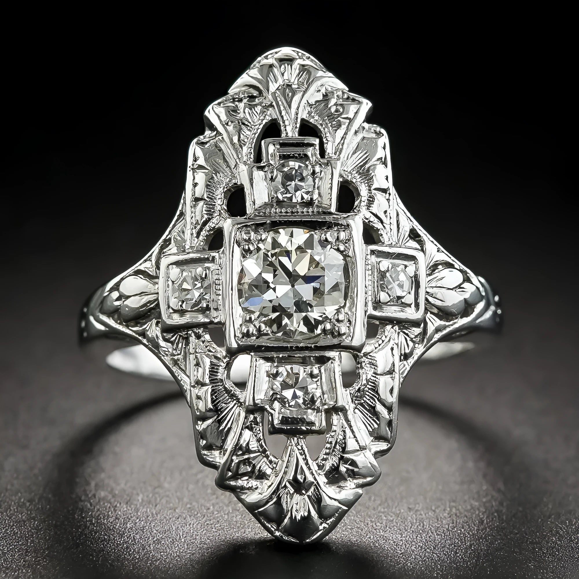 Silver geometric hollow-out ring with diamond studs on copper base