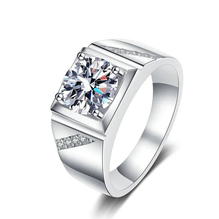 Men's large square diamond ring in copper with an adjustable band on a hand.