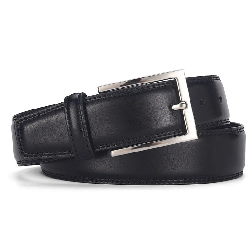 Men's genuine leather belt with an alloy pin buckle shown in a classic brown colour.