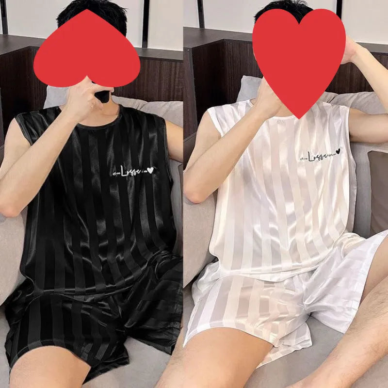 Men's ice silk pyjama set with sleeveless vest and shorts in white, black, or grey.