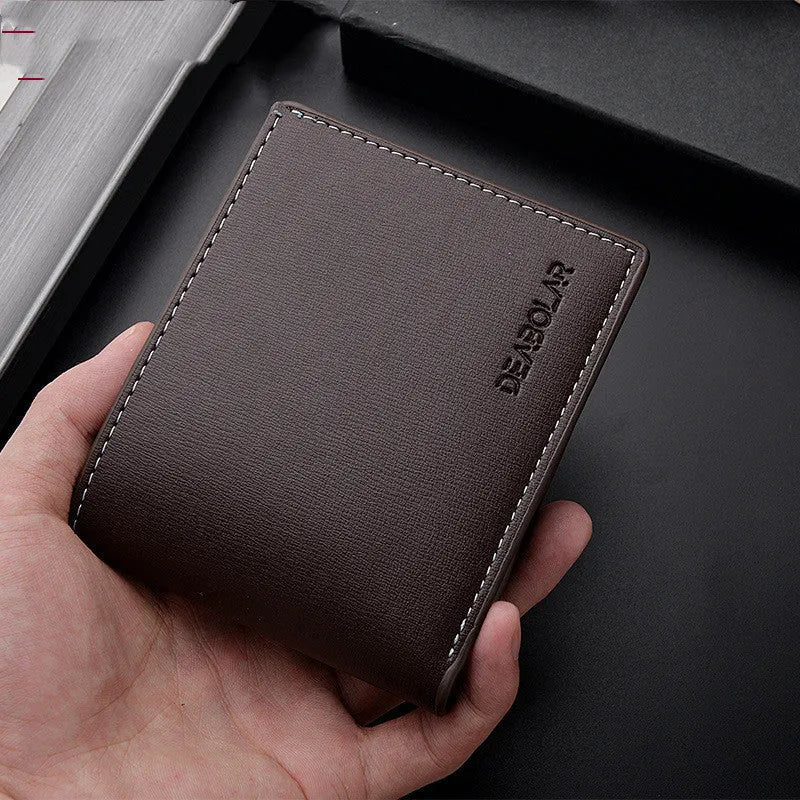 Men's PU leather two-fold short wallet with car suture design in black colour