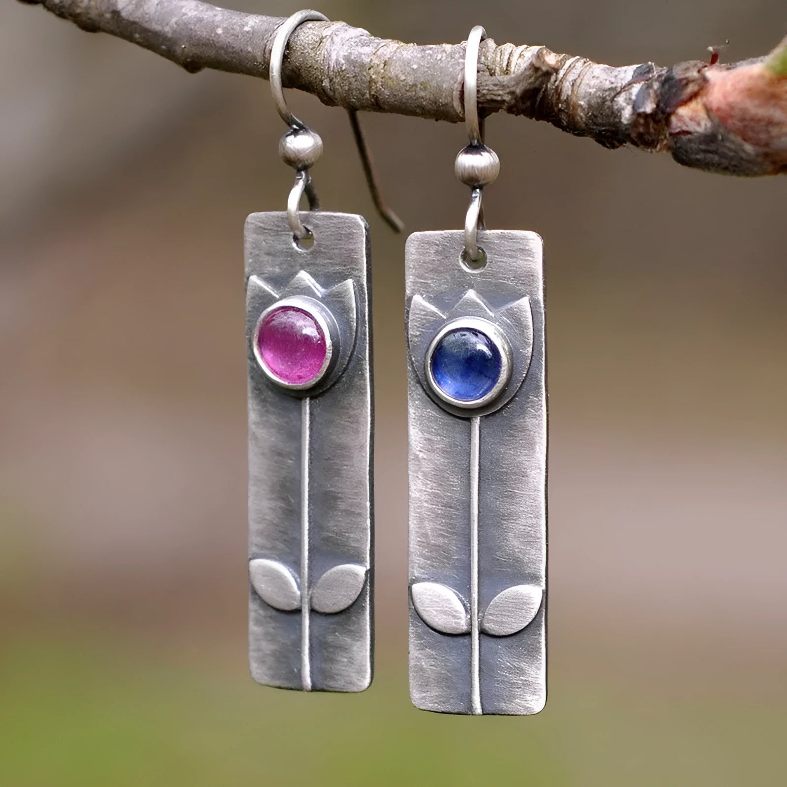 Antique finish red sapphire geometric earrings with ellipse design for women