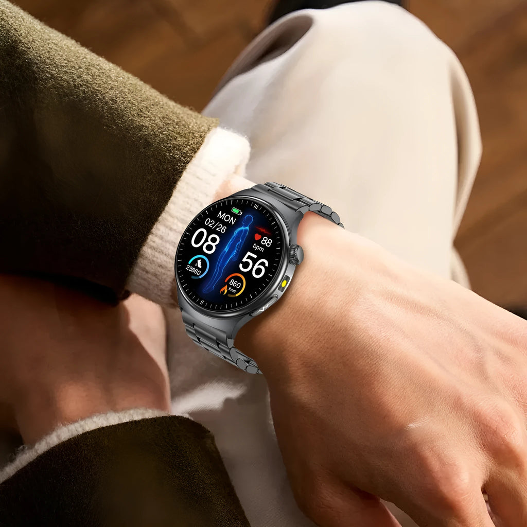 TK27 Bluetooth calling smart bracelet with 1.43-inch display, alloy metal shell, health monitoring sensors, in black colour
