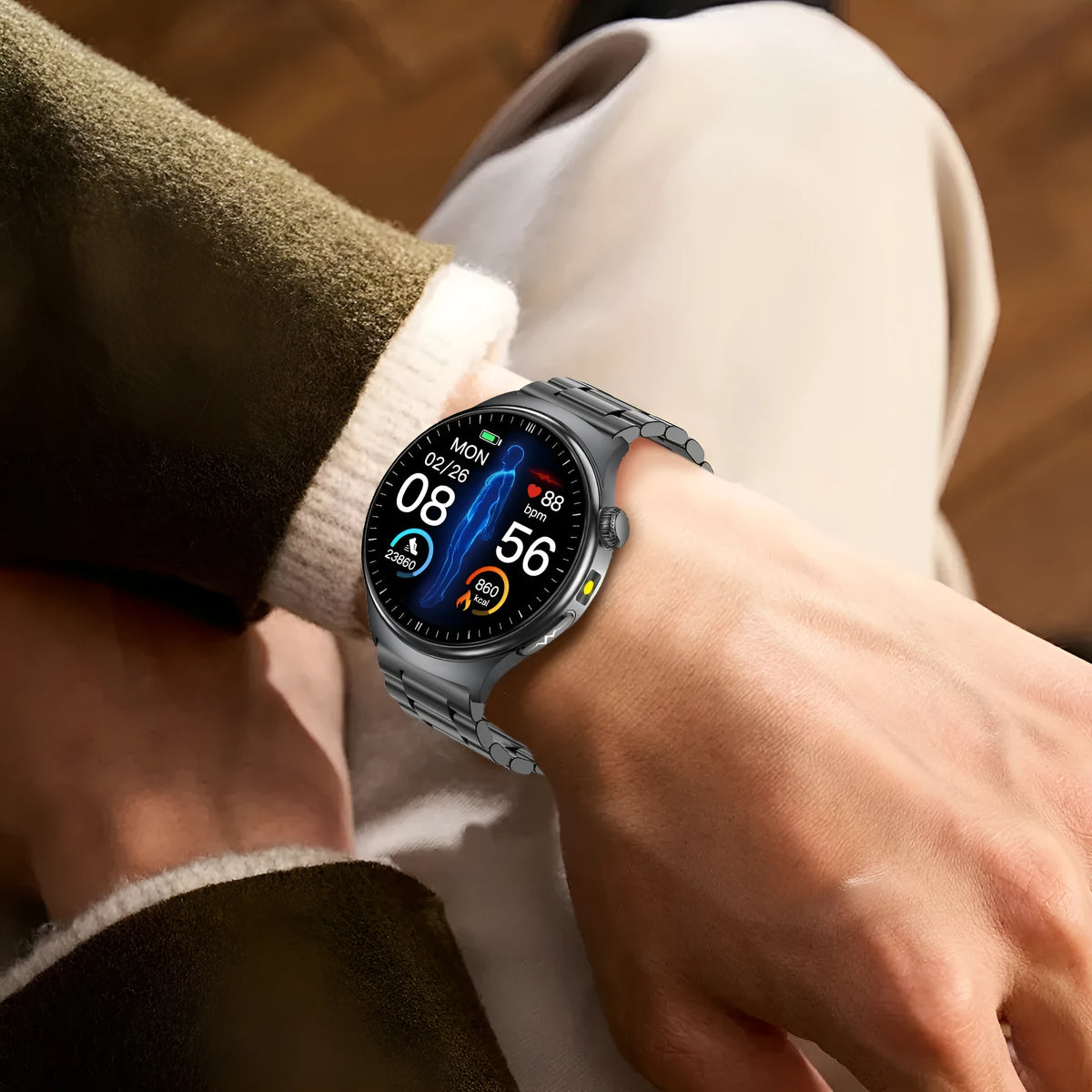 TK27 Bluetooth calling smart bracelet with 1.43-inch display, alloy metal shell, health monitoring sensors, in black colour