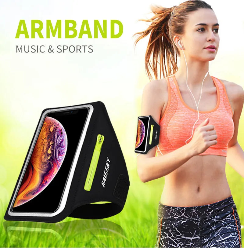 Black running arm band for iPhone and Samsung with reflective strip and zipper pocket