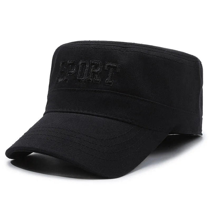 Men's flat-top peaked cotton cap in army green with an extended peak and adjustable back strap.