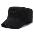 Men's flat-top peaked cotton cap in army green with an extended peak and adjustable back strap.