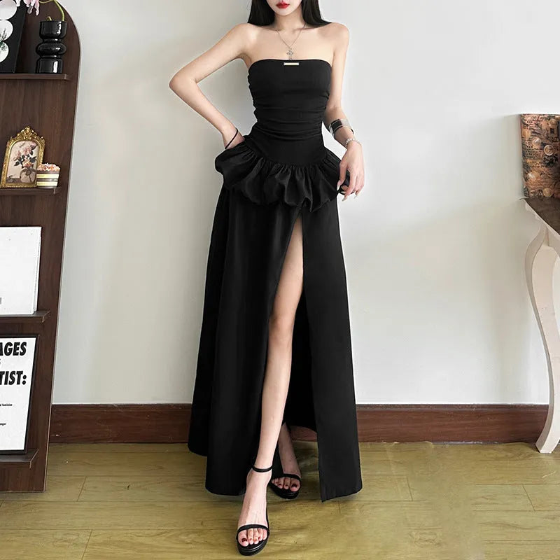 Solid colour slim-fit high waist off-neck split A-line long dress in black for women