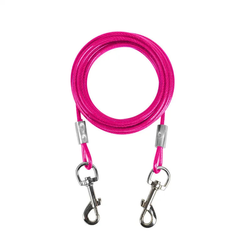 Double-headed dog leash with hand holding rope and steel wire iron chain in blue