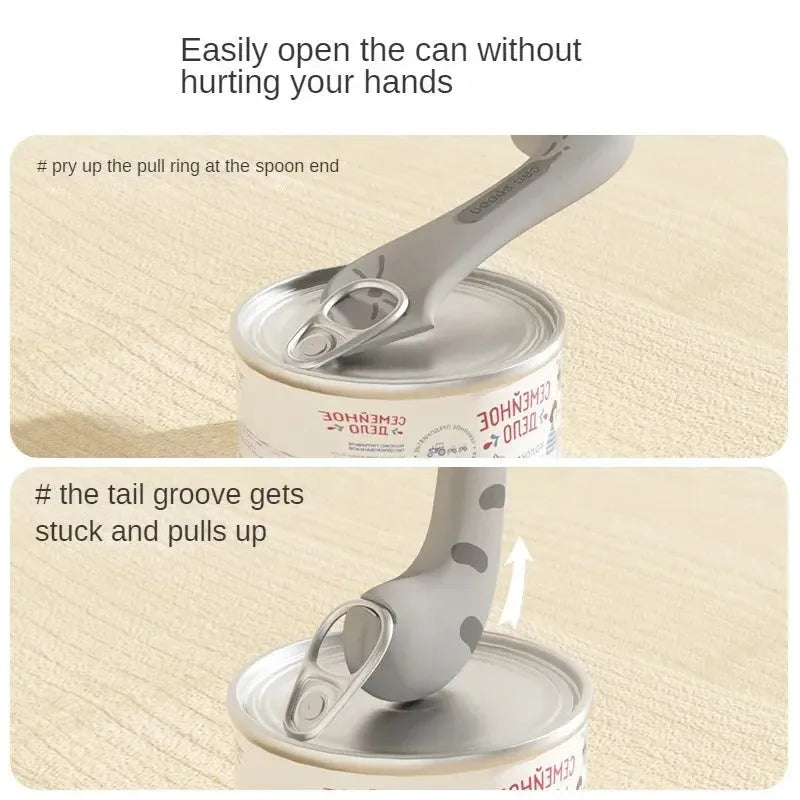 Silicone pet spoon with built-in can opener and flexible sealing cover for pet food cans