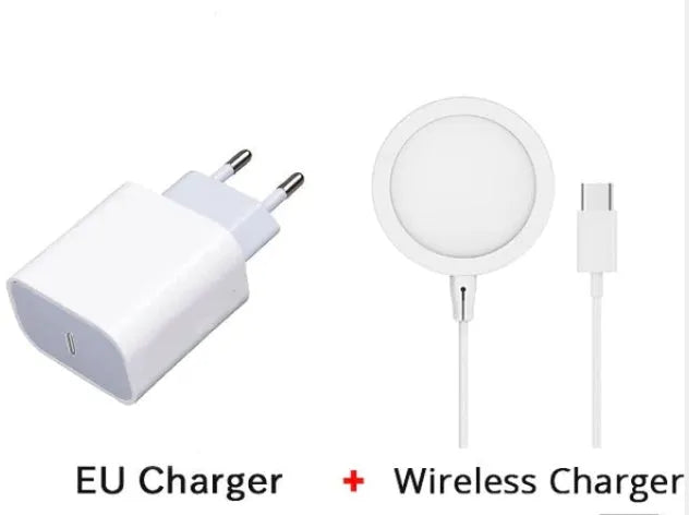 Silver metal MagSafe wireless charger with strong magnets for iPhone 12 and 13 models.