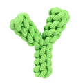 Blue Y-shaped cotton rope dog toy for large breeds on a wooden floor.