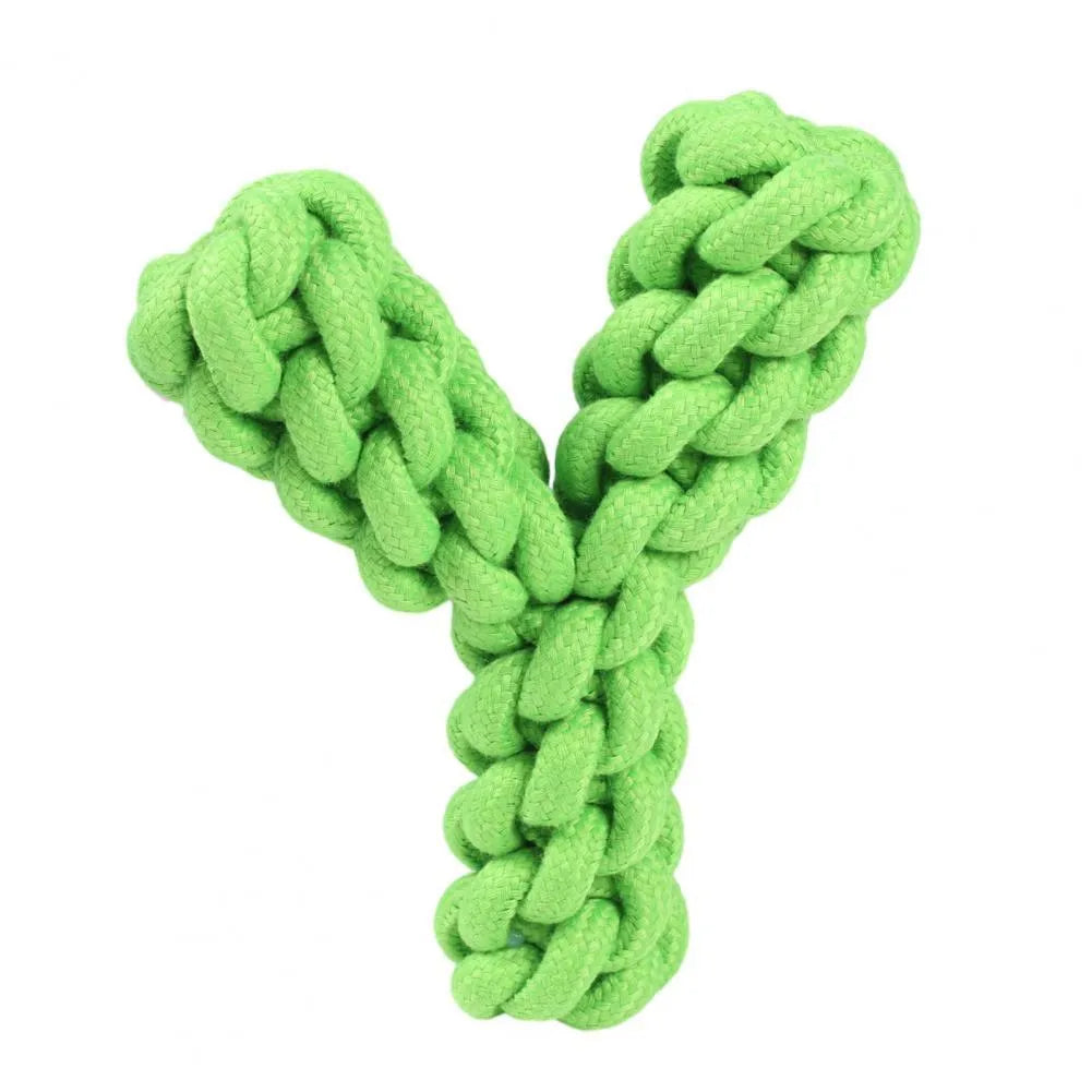 Blue Y-shaped cotton rope dog toy for large breeds on a wooden floor.