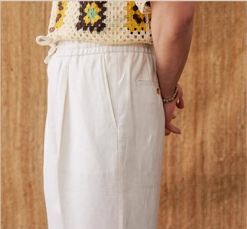 Women's linen trousers with lace trim and elastic waist in straight-leg fit