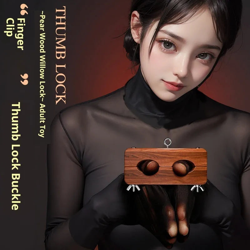 Pear wood alloy binding restraints: finger clip and wooden shackle in large and small sizes.