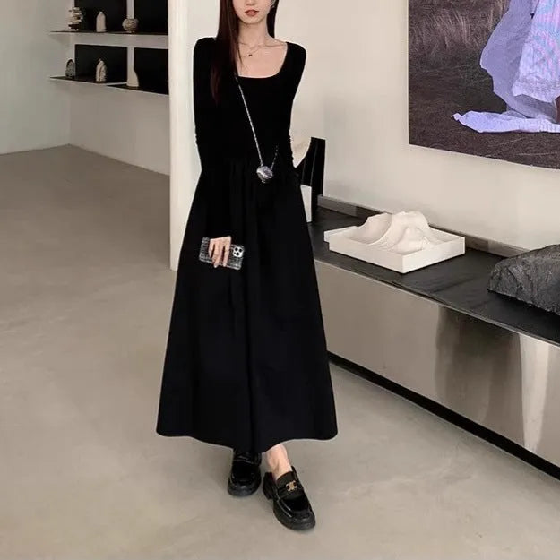 Women's black knitted square collar dress with long sleeves and an elastic waist A-line skirt
