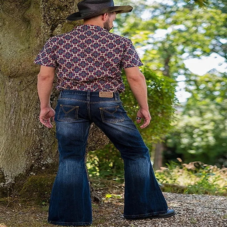 Cowboy bell-bottom retro embroidered stretch denim jeans in blue for men