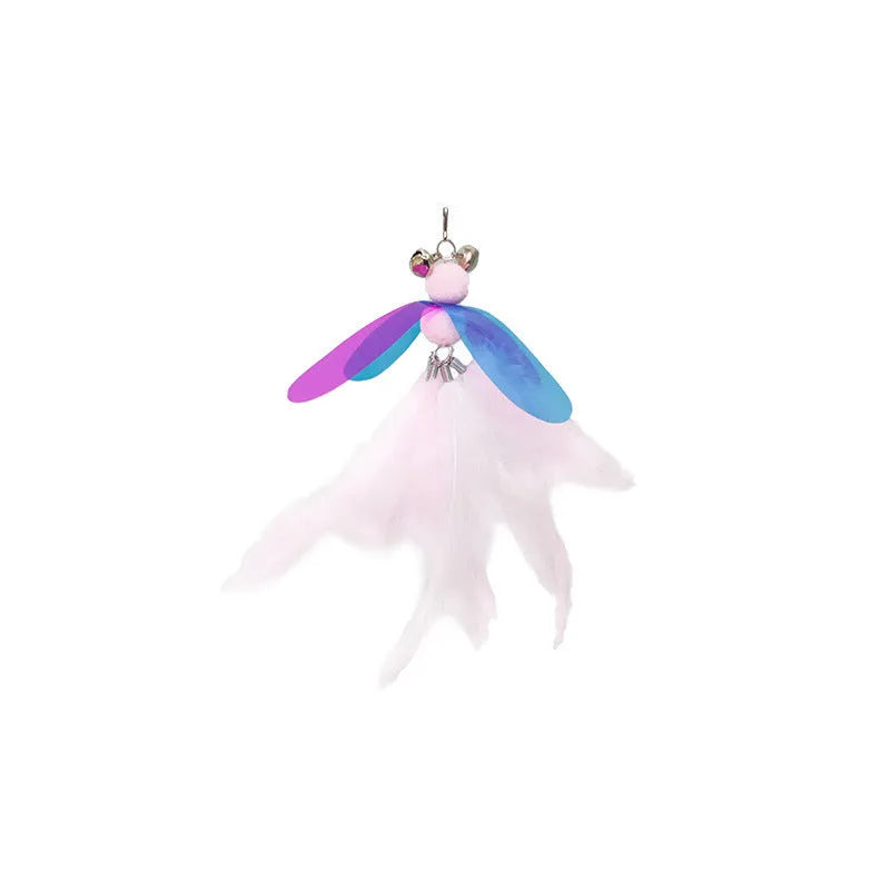 Fairy Feather retractable cat toy with large fluffy feather head and PVC pole, on a white background