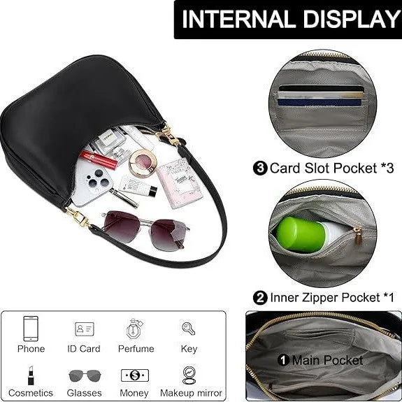 Black women's retro PU shoulder bag with horizontal square shape and sewing thread detailing on plain background