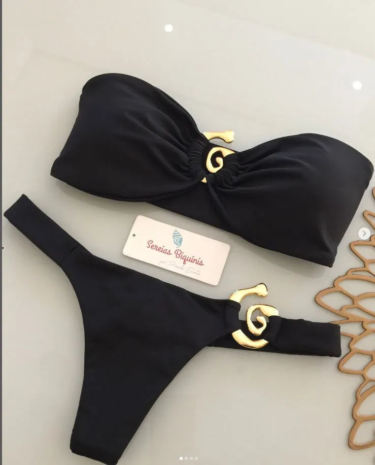 Women's metal ornament split bikini set in black with removable shoulder strap for swimming and wading sports
