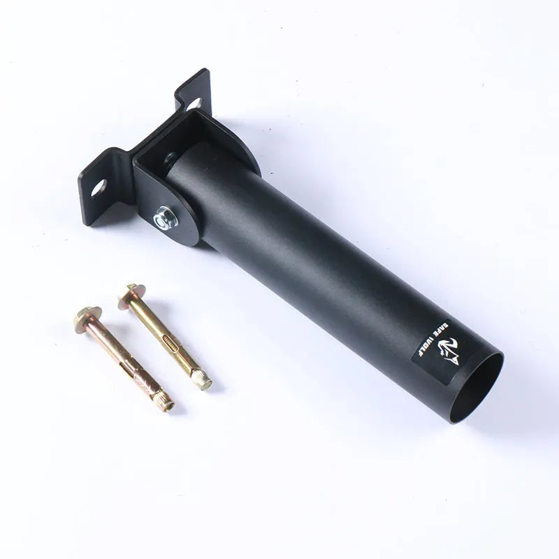 Wall-mounted steel pipe rack holding 25 barbell rods or cannon stand tubes