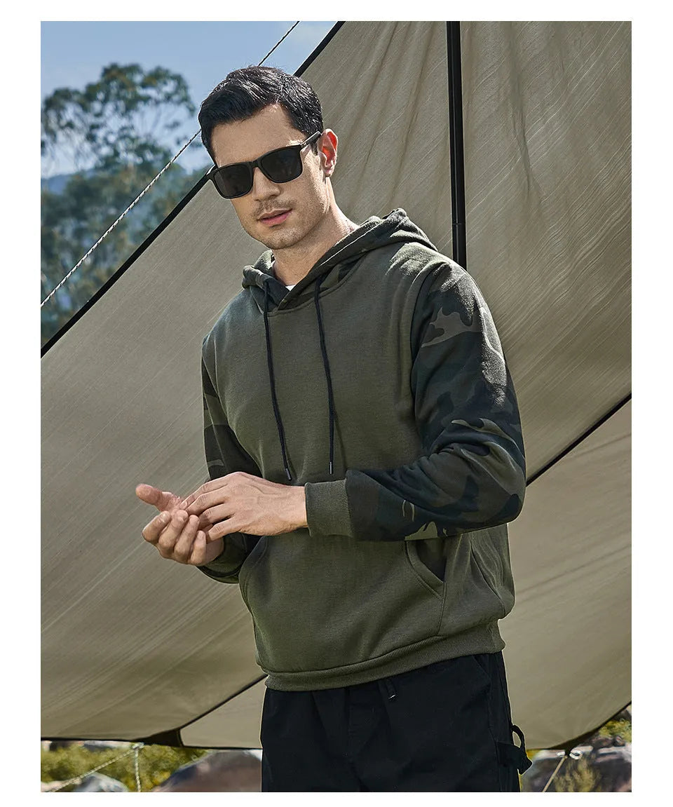 Men's casual hooded sweater in camouflage colour block polyester, available in Army Green, Black, and Khaki.
