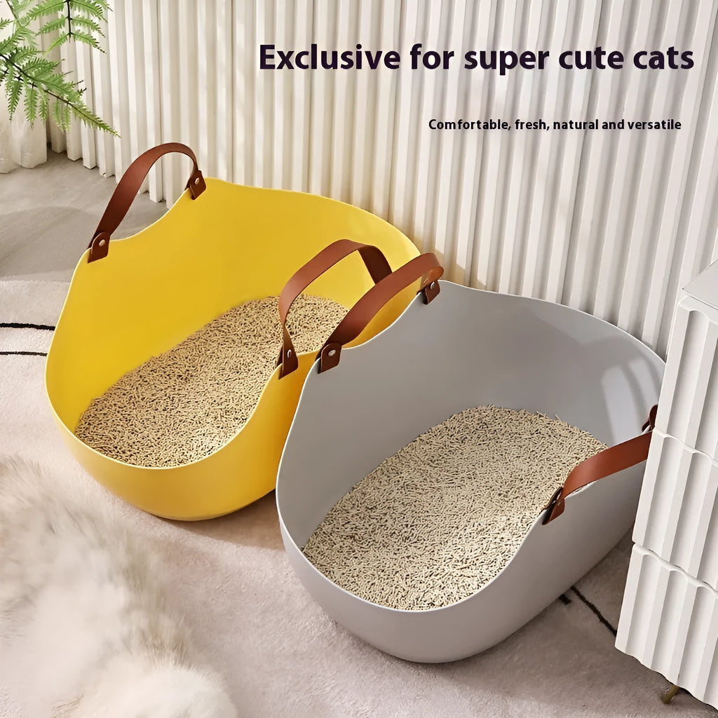 Open portable cat litter tray in grey plastic, 51x36x24cm, on floor with litter inside