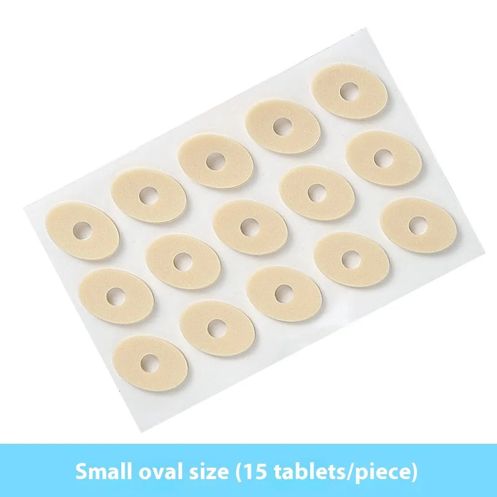 Four shapes of women's lightweight PU heel corns protective toe pads: large oval, small oval, U-shaped, and circular section.