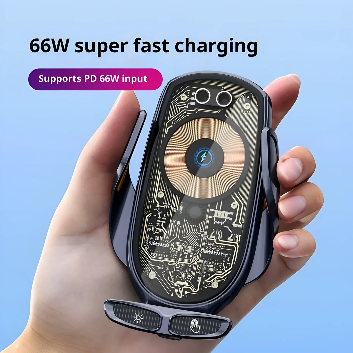 Wireless car charger with air vent mount, magnetic interface, and USB cable in gun colour or silver