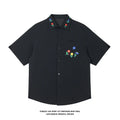Embroidered short sleeve shirt in black with loose fit, polyester fabric, size M to 5XL