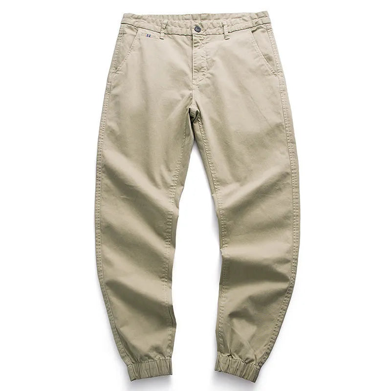 Men's khaki cotton tapered casual pants with ankle ties, mid waist and zipper fly, size 32