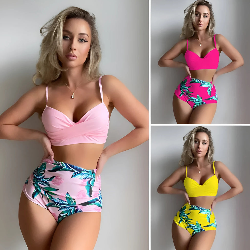 Women's steel underwire push-up bikini set in floral print with high-waisted bottoms