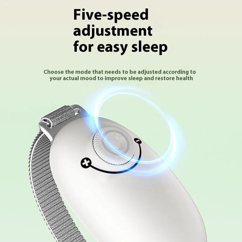 Portable smart sleeping aid instrument with ABS stainless steel body in white, pink, and green colours showing the device and webbing strap