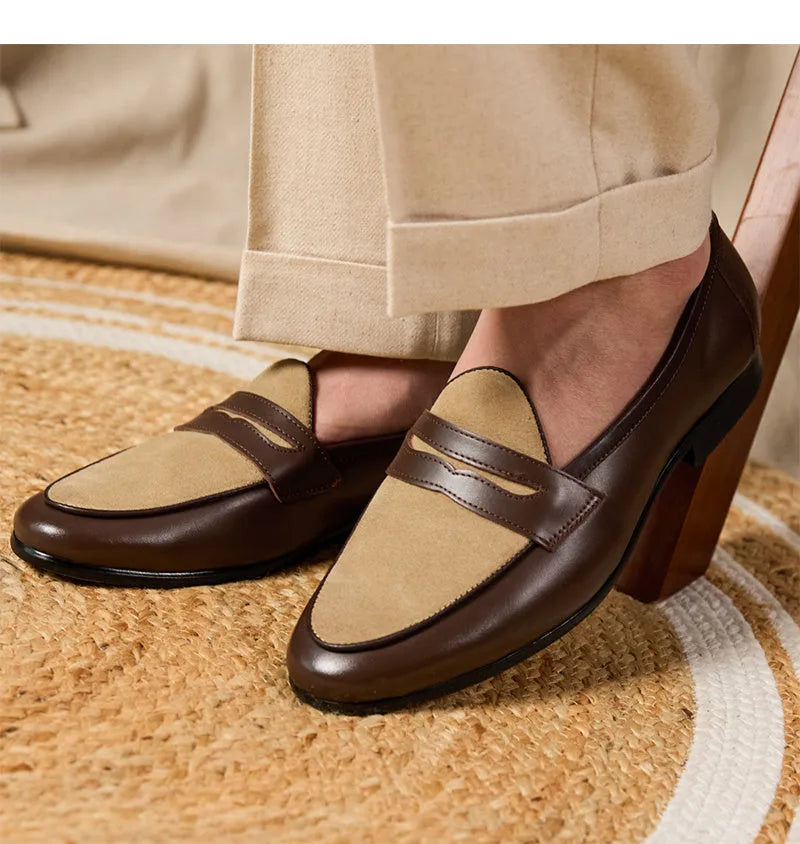 Coffee grey Belgian loafers slip-on shoes with high-gloss suede leather upper and rubber sole