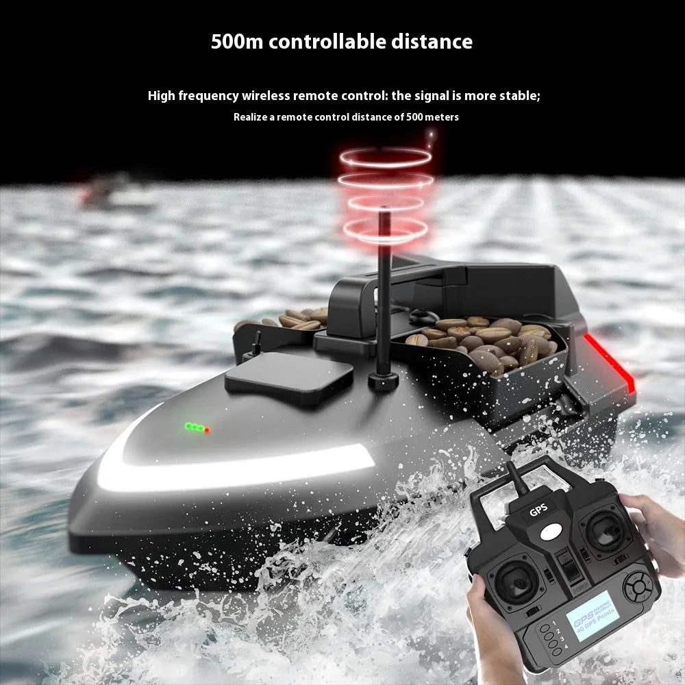 V020 GPS remote control fishing boat with LED light on hull, shown on water with remote.