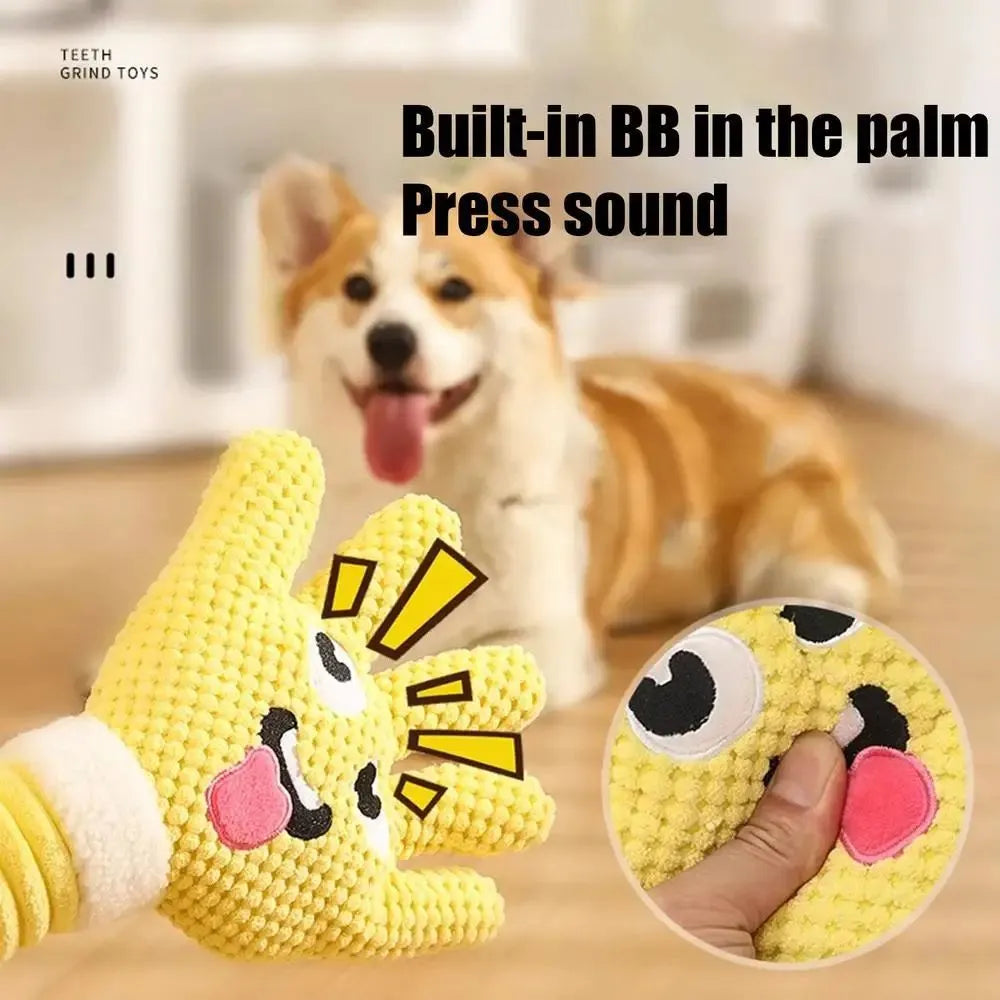 Yellow palm-shaped squeaky plush dog teething toy with bite-resistant fabric, soft texture, and compact size for puppy chewing play