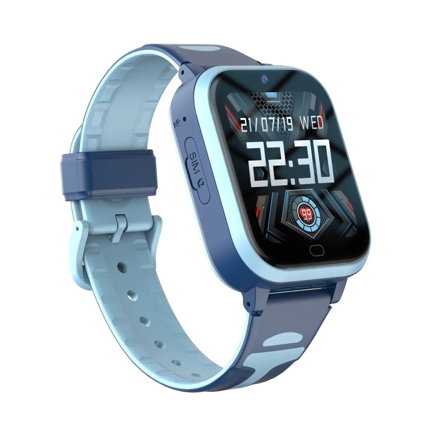 Child smart watch phone in black, blue, and pink colours with 1.83-inch screen and wrist strap