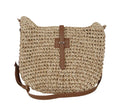 Handmade beige square woven bag with a shoulder strap on a neutral background.