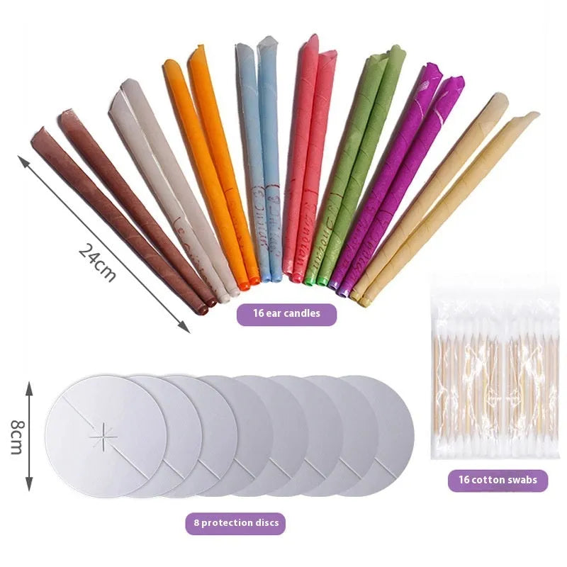 Ear candle suit box containing 16 cotton cloth candles, 8 protection boards, and 16 swabs in one of eight colours.