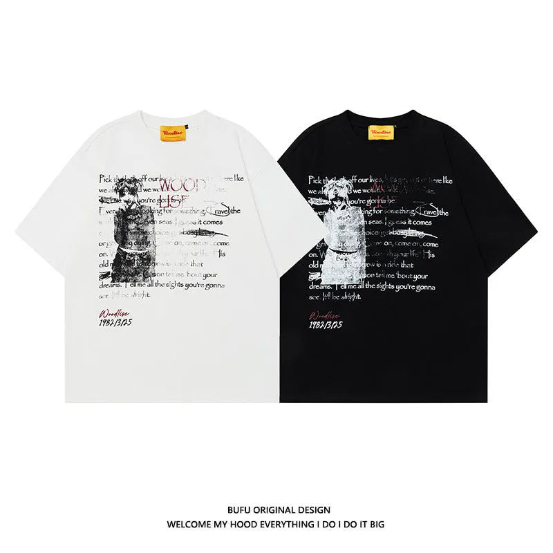 Men's black loose cotton t-shirt with white printed letters and raglan sleeves