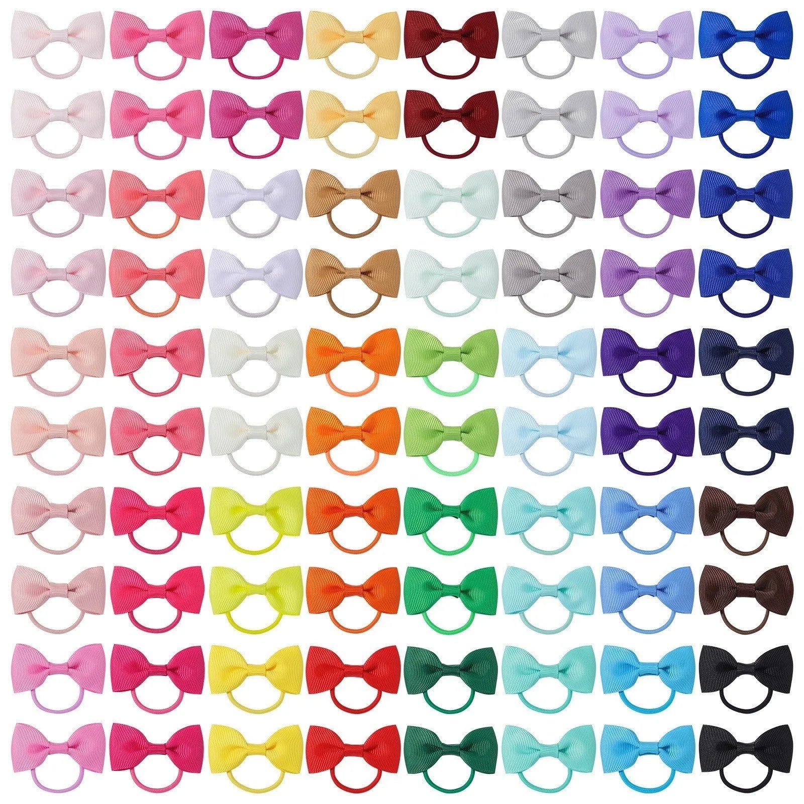 80 piece set of tiny hair ties with grosgrain ribbon bows in 40 colour pairs, size approx 2 inches, on a white background