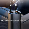 Automatic retractable 120W car charger with one-to-four USB ports and cigarette lighter plug.