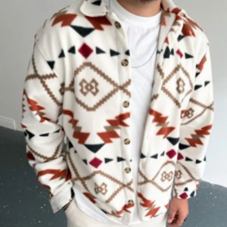 Men's white retro ethnic print casual shirt jacket with long sleeves and lapel collar on a hanger