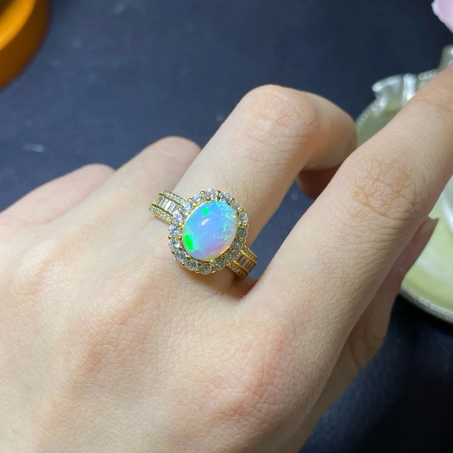 Pure natural opal handmade sterling silver adjustable ring showing rose gold finish and opening design