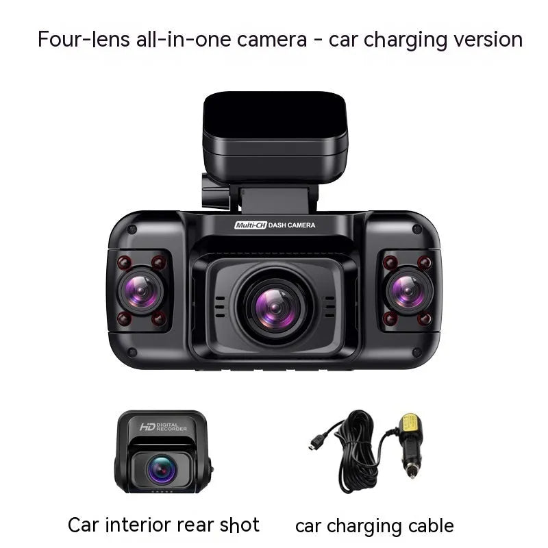 Black four-lens car dash cam with 2-inch screen mounted on a car windscreen.