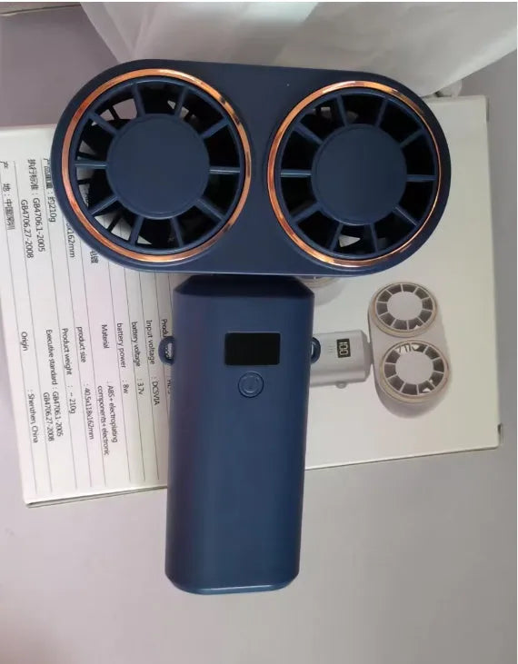 USB handheld mini fan with digital display screen in folded position showing milky white colour option