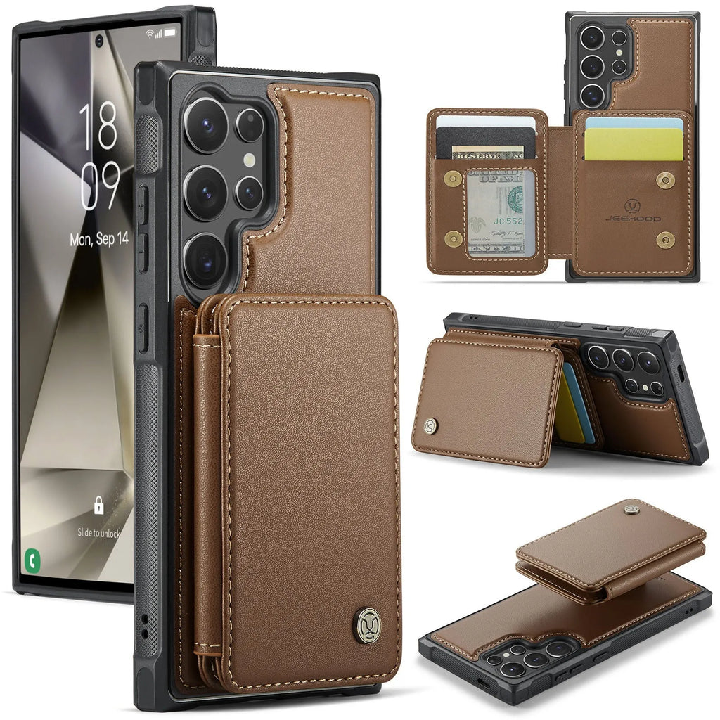 Magnetic card phone case for Samsung in black with drop-resistant imitation leather wallet style
