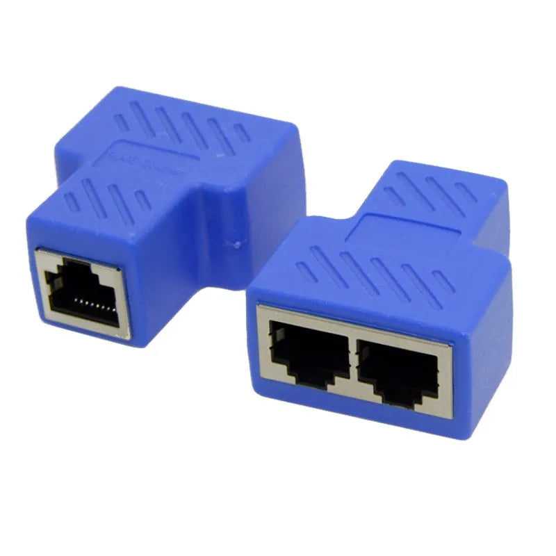 A white RJ45 network splitter adapter with one male and two female Ethernet ports.