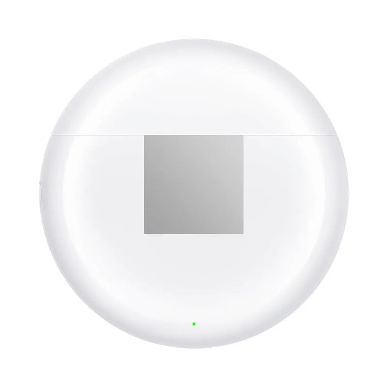 White Budz5 wireless Bluetooth earbuds and charging case on a table